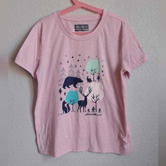 Eddie Bauer Girls Pink Forest Animal Print Tee Size 14 - Picture 1 of 7